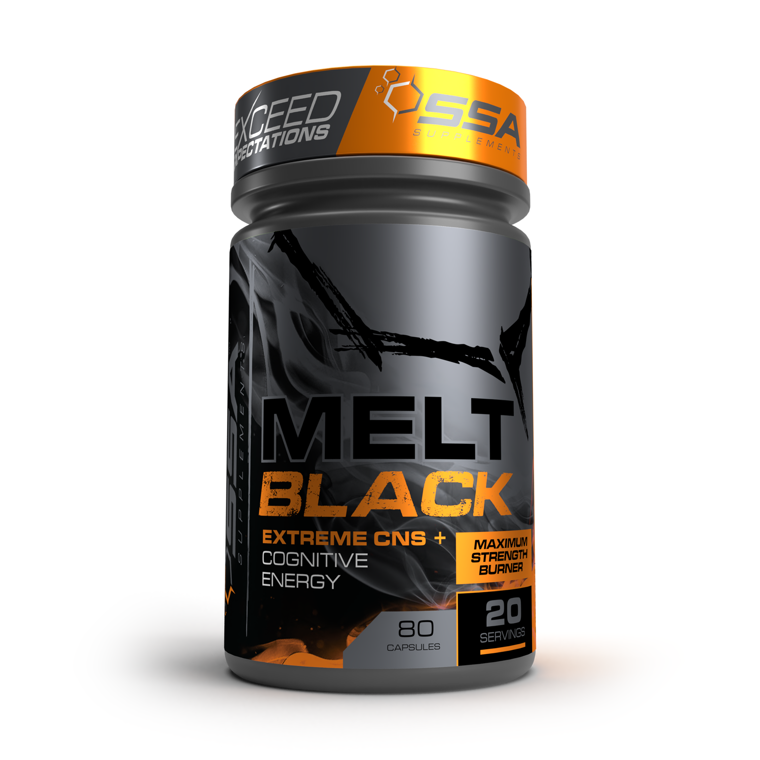 A container of SSA Melt Black supplement, which is a fat burner and cognitive enhancer. The container is black with orange and gray accents, and it has text detailing the product name, brand, and benefits such as promoting fat burning and boosting energy.
